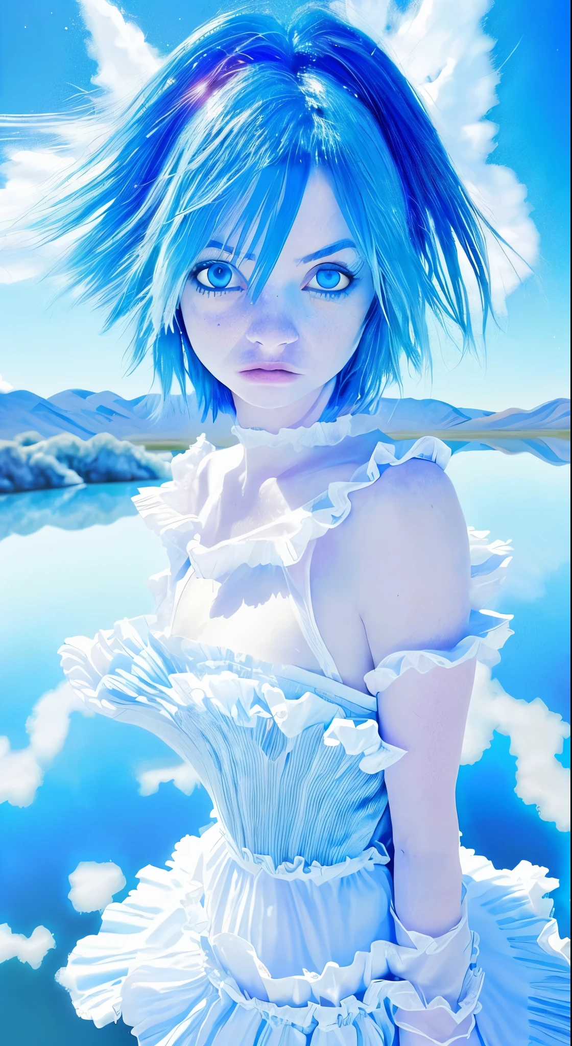 Absurd, High resolution, (Official Art, beautifully、aesthetic:1.2), (Shortsighted:1.15), (One girl, Blue Hair, Medium Hair, blue eyes, Bright Eyes, long white dress, Blue frills,:1.2) blue sky, Sparkling Galaxy, (Uyuni salt lake:1.2), (Fractal Art:0.8), water effects, Ripple effects, (Flower effect: 0.65), Light effects,