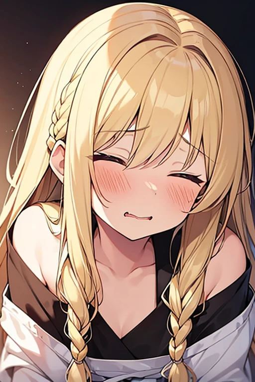 (1 girl,Blonde、Long Hair、Braided hair、Wavy Hair、Being lazy),(sexual ecstasy face) ,embarrassed,blush,closed eyes,Close Up