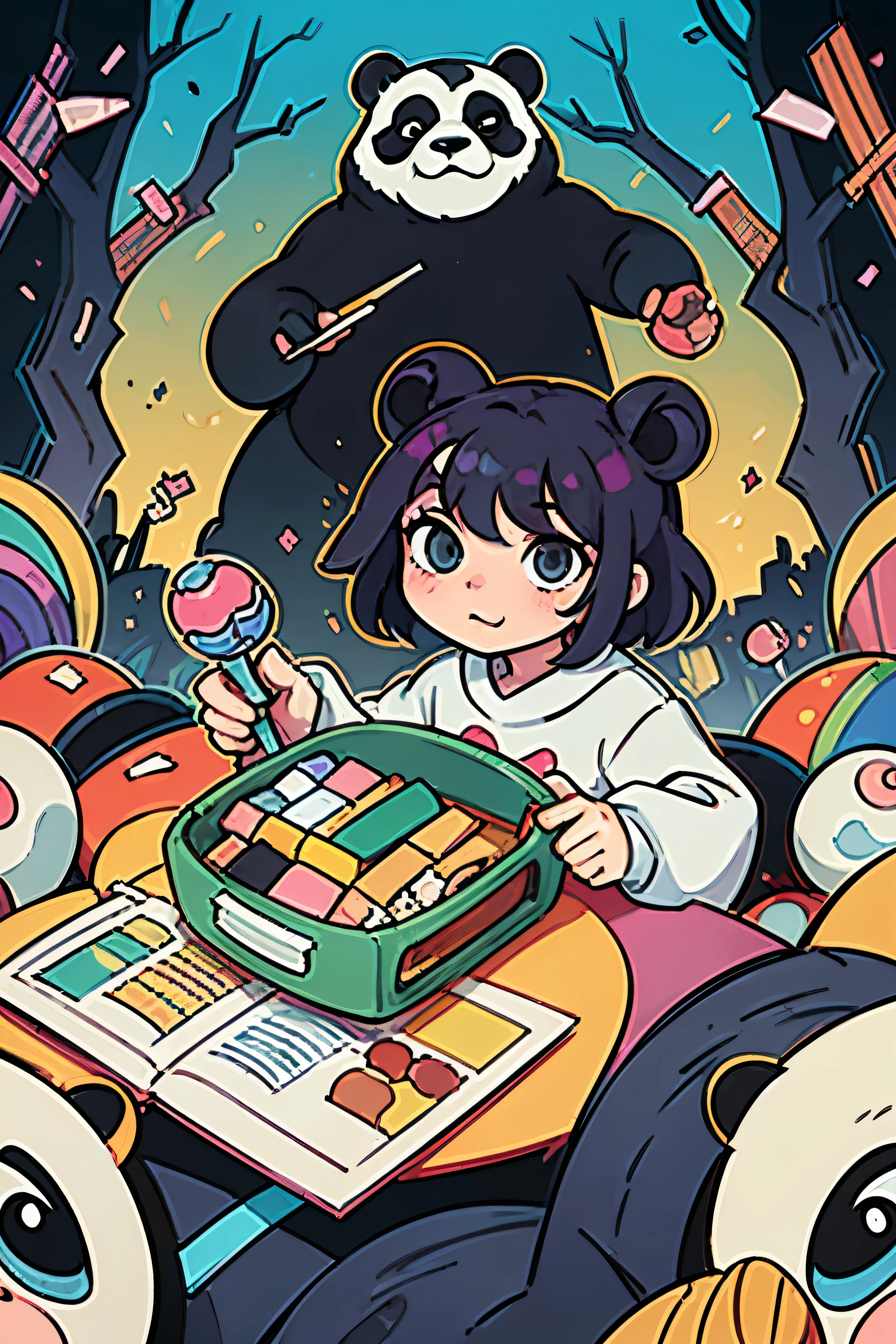 Masterpiece, coloring-book, lineart, perfect lineart, comic style, busy bustling panda metropolis