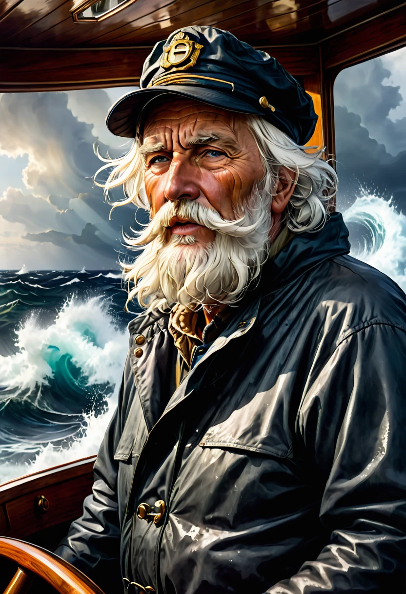 ((an old fisherman with white hair and a white beard, standing at the helm in the wheelhouse of his pilothouse boat and steering it through the rough stormy sea)), (Rain lashes against Pilothouse Window:1,2), heavily tanned face, deep facial wrinkles, he is wearing a fisherman's cap and has a tobacco pipe in his mouth from which smoke is rising, huge waves, rough waves, God's rays, foaming water, dramatic light, ray tracing,