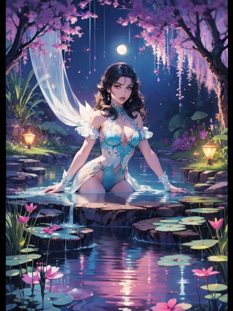 "Moonlit priestess, tropical oasis, magical pond, nocturnal mysteries, ethereal enchantment"