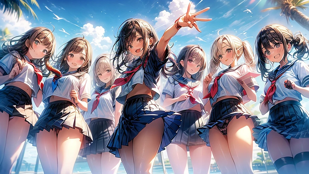 nswf:1.3,(masterpiece: 1.2, highest quality, masterpiece, Clearer images), (Bright colors), ((Take clear photos even from a distance)), (Multiple Girls), (Harem), (School classmates), (((All school uniforms have the same design))), (((Everyone is wearing the same navy blue skirt))), (()), ((prostitution婦)), (prostitution宿, On the bed), (cute Japanese((6 Girls))), (((Young face))), ((Group shot)), (Group selfie), Wide-angle, Soft Light,, (Slightly larger breasts), ((prostitution)), (Lure), ((Audiences love it)), (((A lot of hearts are flying))), landscape、(((Showing panties:1.6)))、((((M-shaped legs:1.4)))、((Female masturbation:1.8))、((Grab your chest:1.3)),(((Good lift:1.2)))、Close one eye、Stick out your crotch