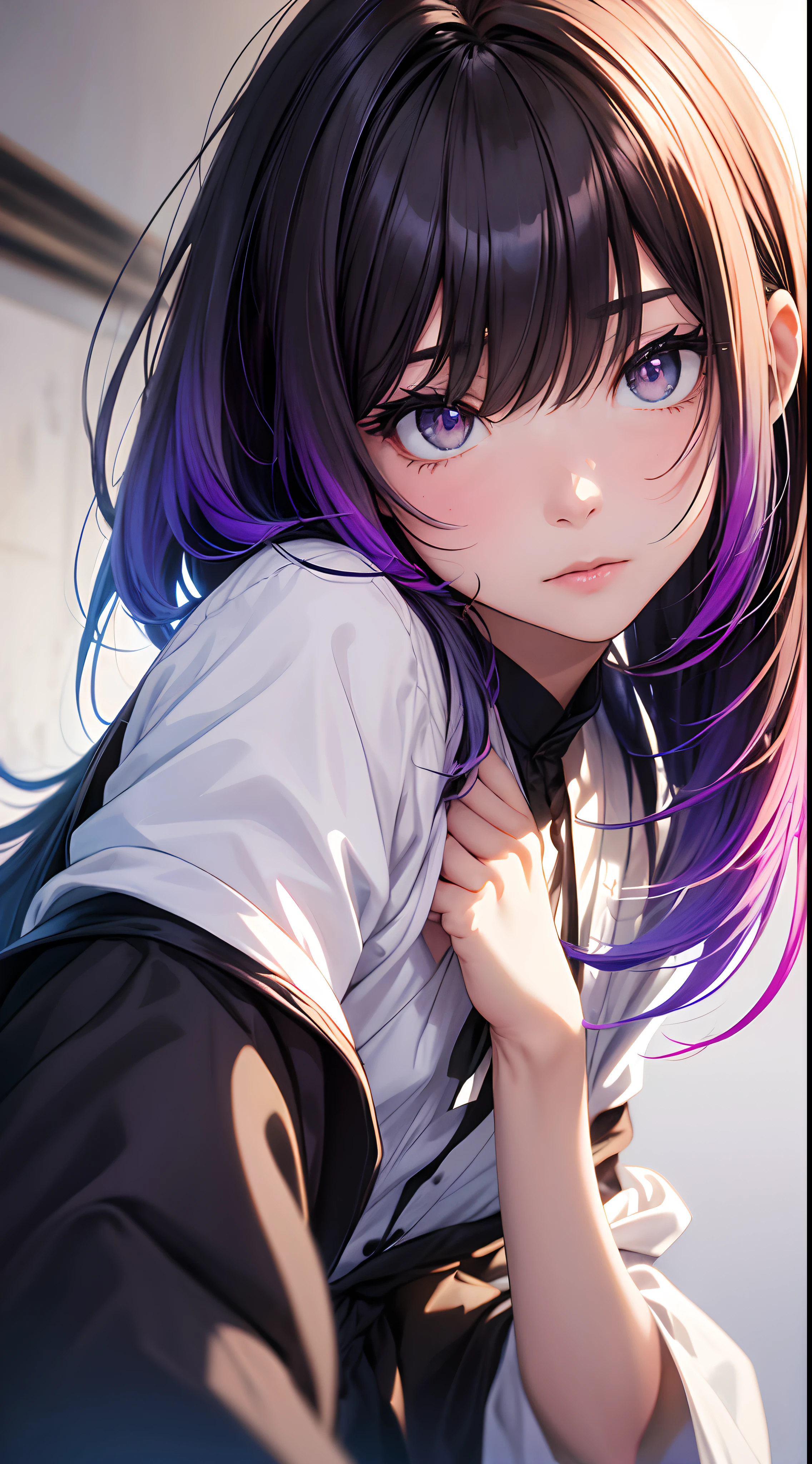 (gradient hair, dutch angle:1.3), grain du film, aberration chromatique, ville, Masterpiece, Best quality, Photo brute, photoreallistic, absurdes, 1fille, mignon, perspective, Tir de cowboy, high resolucion, Ultra detailded, Detailed eyes and face, pupilles pointues, realistic pupils, mise au point nette, summer, Nuit,