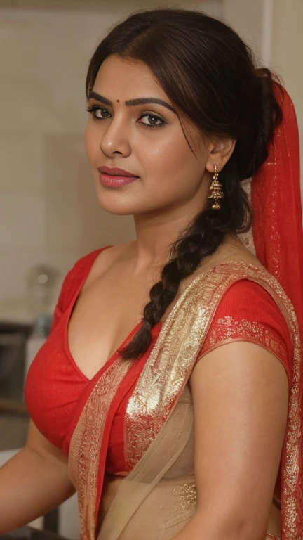 extreme close up photo of sexy indian, front view, curvy, red see through saree, in kitchen, French braid hair