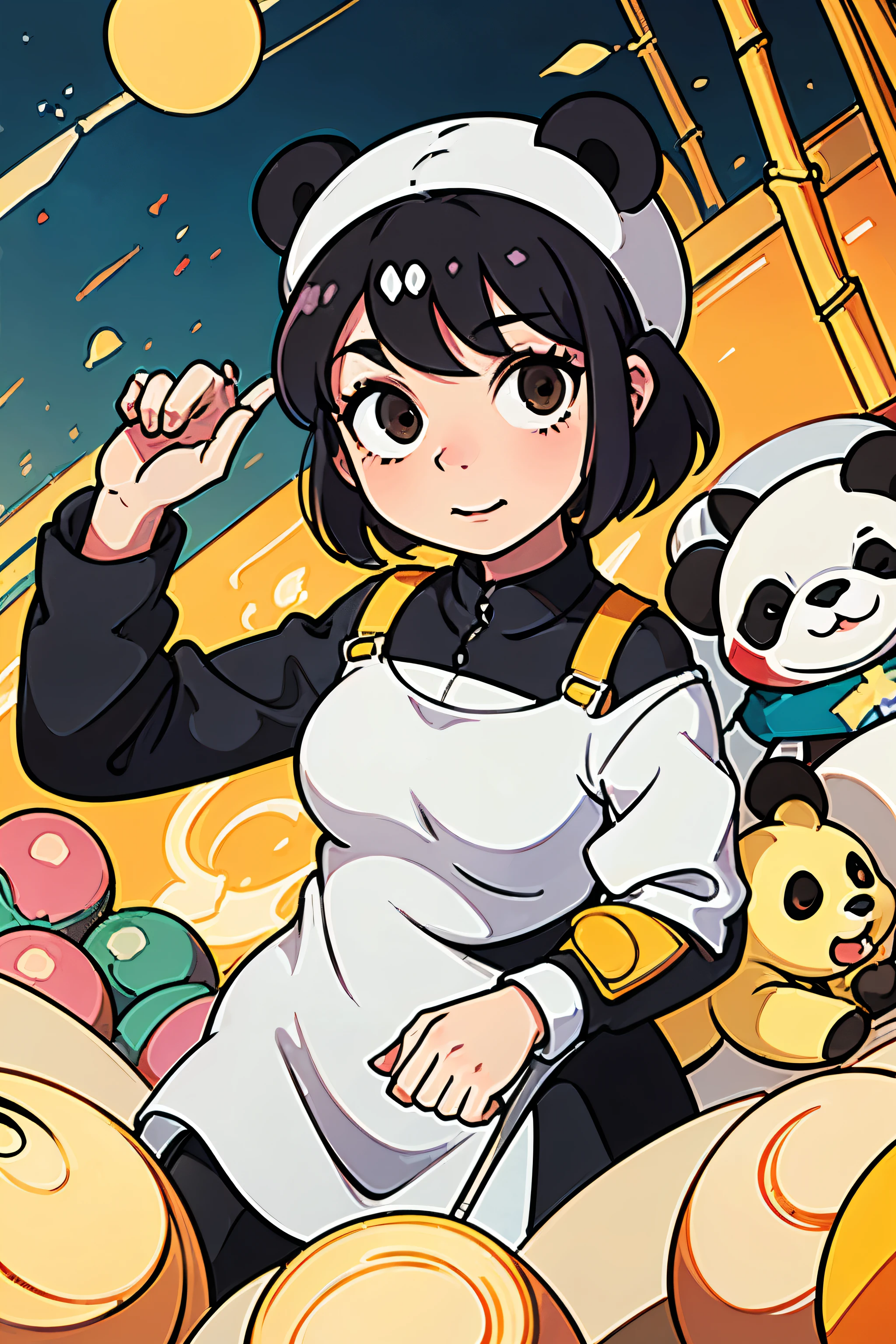 Masterpiece, coloring-book, lineart, perfect lineart, comic style, panda bears shopping in bamboo metropolis