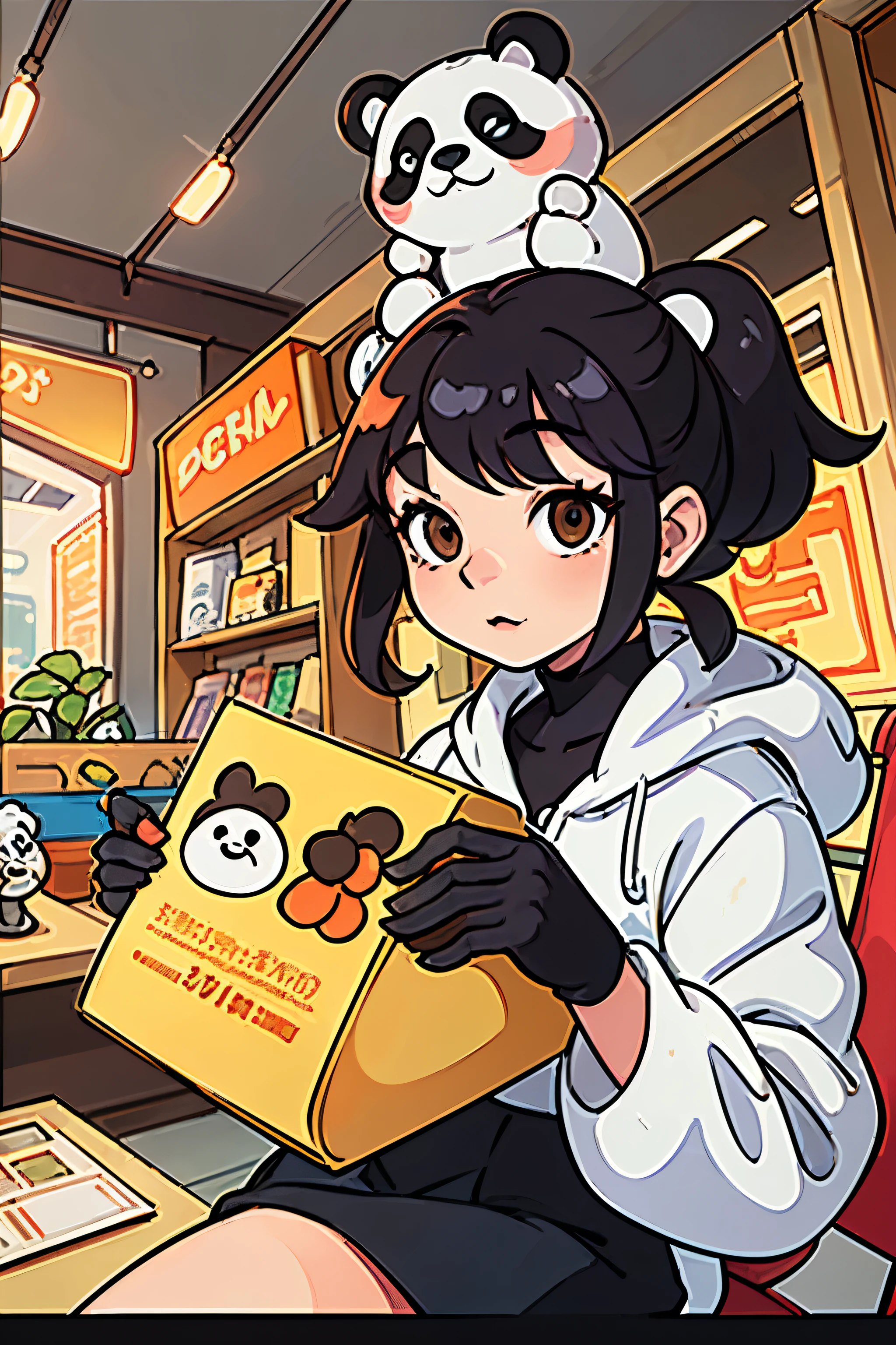 Masterpiece, coloring-book, lineart, perfect lineart, comic style, panda bears shopping in bamboo metropolis