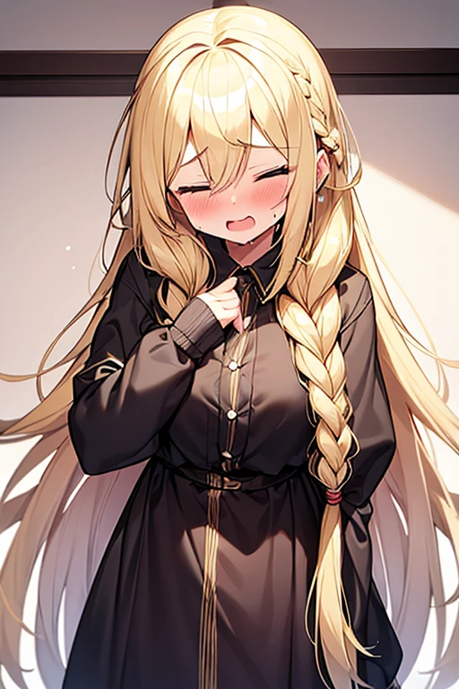 (1 girl,Blonde、Long Hair、Braided hair、Wavy Hair、Being lazy),(sexual ecstasy face) ,embarrassed,blush,closed eyes,Cowboy Shot