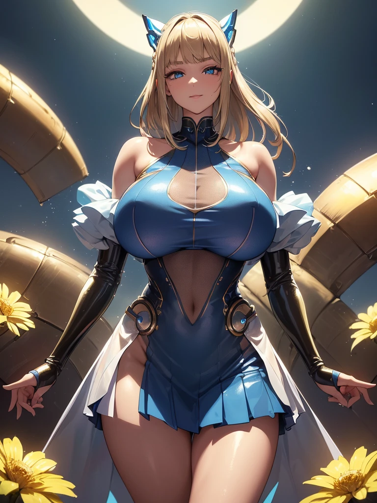 (((masterpiece))), (((best quality))), ((ultra-detailed)), (illustration), ((an extremely delicate and beautiful)), ((super detail)), ((high resolution)), (((20 years old))), metallic cloth, (cheerleader), (super heroine), (android), delicate metal decorations, gleaming skin, shiny body, two legs, breast focus, (((tall))), slender legs, ((big round eyes)), cute eyes, drooping eyes, ((adult)), two hands, five fingers, no extra hands, elegant smile, braid, ((metallic blue)), (see-through), (dark blonde), ((ultra-huge breasts)), (shining brightly), outdoor, mini skirt, daytime, ((biopunk)), (hair shorter than shoulder), (medium length hair), gynoid, flowers,