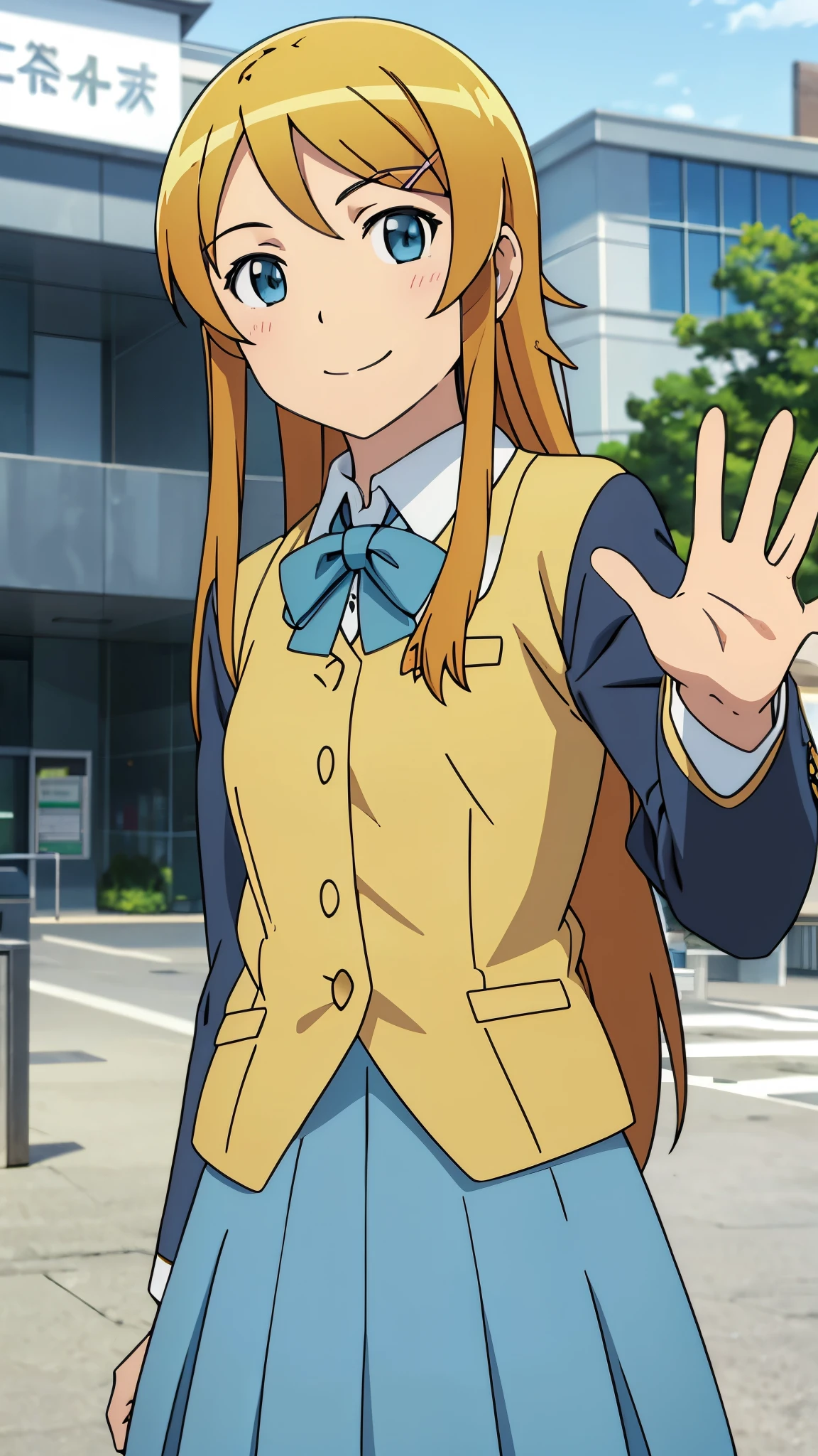 Masterpieces, best quality, hight details, (kousaka kirino), student uniform, she waving hand and smile,