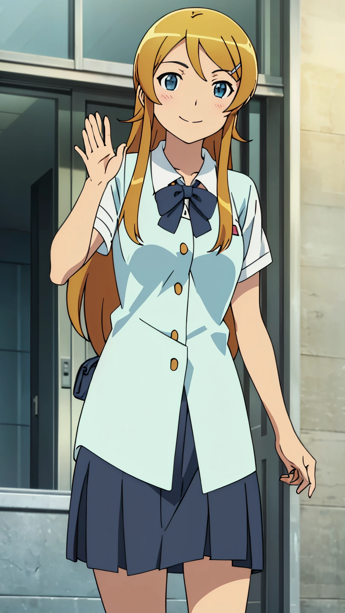 Masterpieces, best quality, hight details, (kousaka kirino), student uniform, she waving hand and smile,