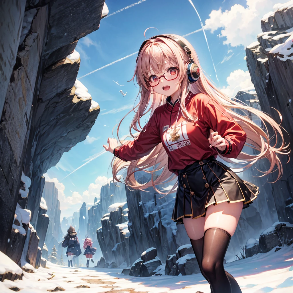 Pink gold golden hair、Red eyes、One good looking girl、solo、anime、Checkered mini skirt、The skirt has buttons、Red T-shirt、Long sleeve、China、Black knee-high socks、Wearing headphones、Wearing a ribbon、Ribbon on waist、Tilting face、Teeth are visible、tunnel、Sunset sky、The rocks are exploding、Penguins are walking、Snow is piled up、Rocky Mountain、The clouds are breaking through、Contrail、Medusa、Glasses、Cube