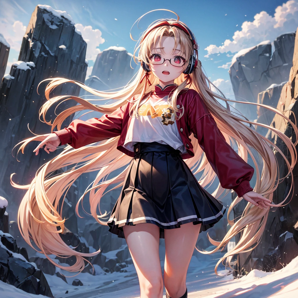Pink gold golden hair、Red eyes、One good looking girl、solo、anime、Checkered mini skirt、The skirt has buttons、Red T-shirt、Long sleeve、China、Black knee-high socks、Wearing headphones、Wearing a ribbon、Ribbon on waist、Tilting face、Teeth are visible、tunnel、Sunset sky、The rocks are exploding、Penguins are walking、Snow is piled up、Rocky Mountain、The clouds are breaking through、Contrail、Medusa、Glasses、Cube