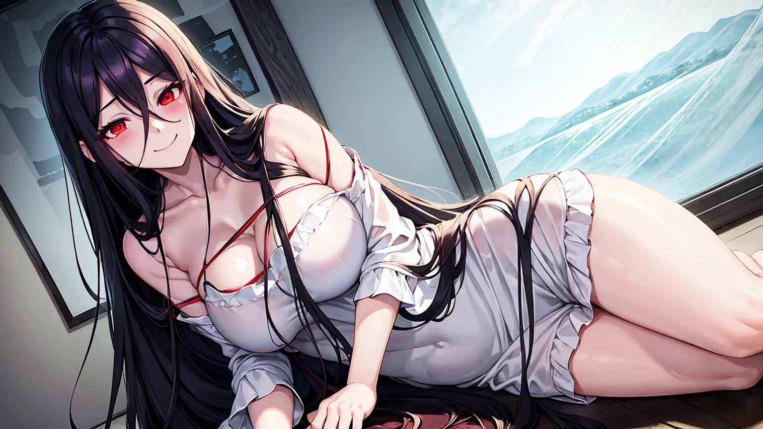 Yamamura Sadako has long hair, red eyes, hair covering eyes, red face, white clothes, smile, ??????????? ?????? enlargement, full-body shot at home, looking at the camera and smiling, perfect illustration, ultra-detailed, HDR, vibrant colors, soft lighting official art