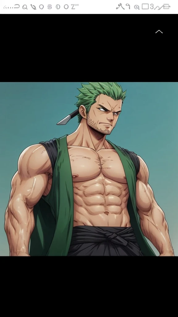 Make an image of a really buff zoro and hes shirtless and wears a brief and big chest and manly face and has a beard and really manly and looks so handsome and so hot and he's sweating and has a scar and he's posing and hes other arm is high up in the air and hes armpit can be shown and hes armpit have hair