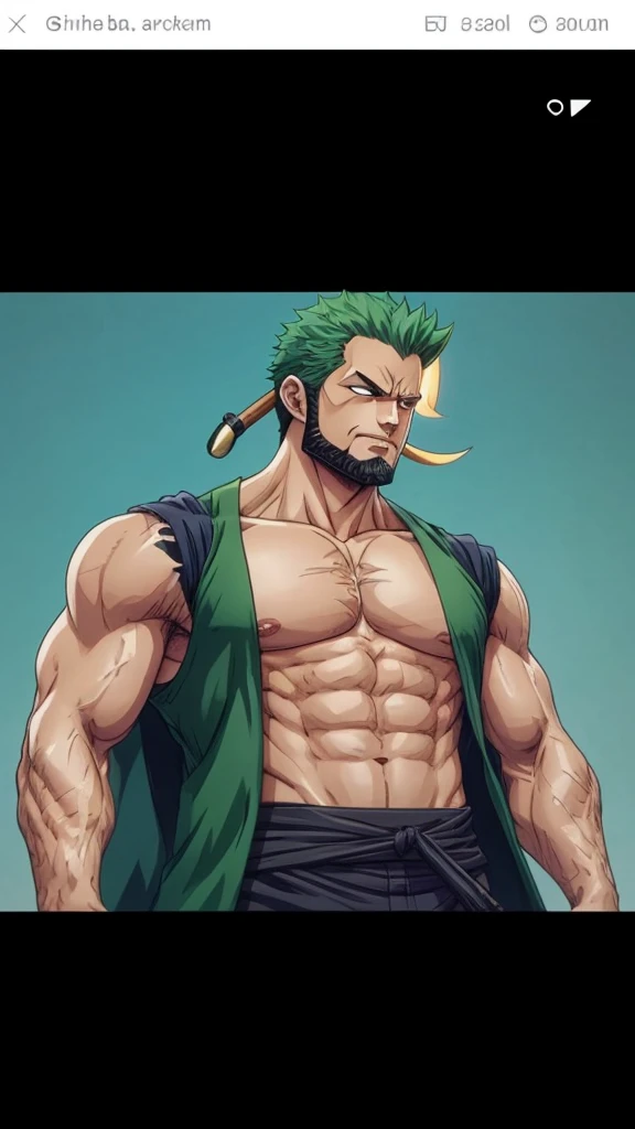 Make an image of a really buff zoro and hes shirtless and wears a brief and big chest and manly face and has a beard and really manly and looks so handsome and so hot and he's sweating and has a scar and he's posing and hes other arm is high up in the air and hes armpit can be shown and hes armpit have hair