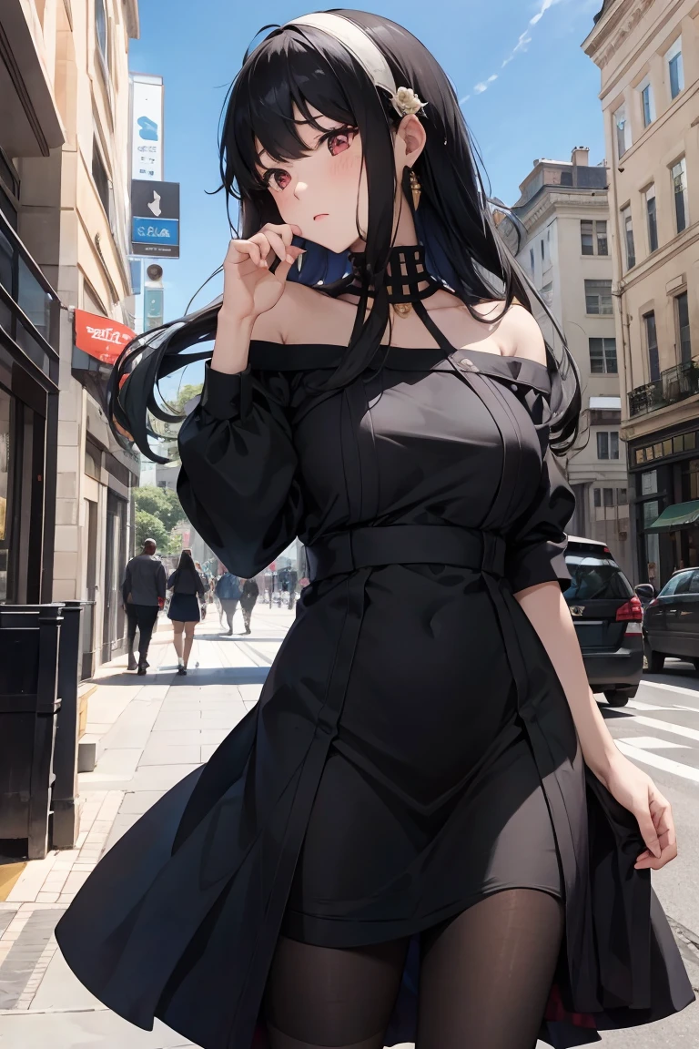 27 years old girl, long black hair, ted eyes, flower pattern dress,pantyhose, white heel, embarrassed, blushing, shy pose, in the city.