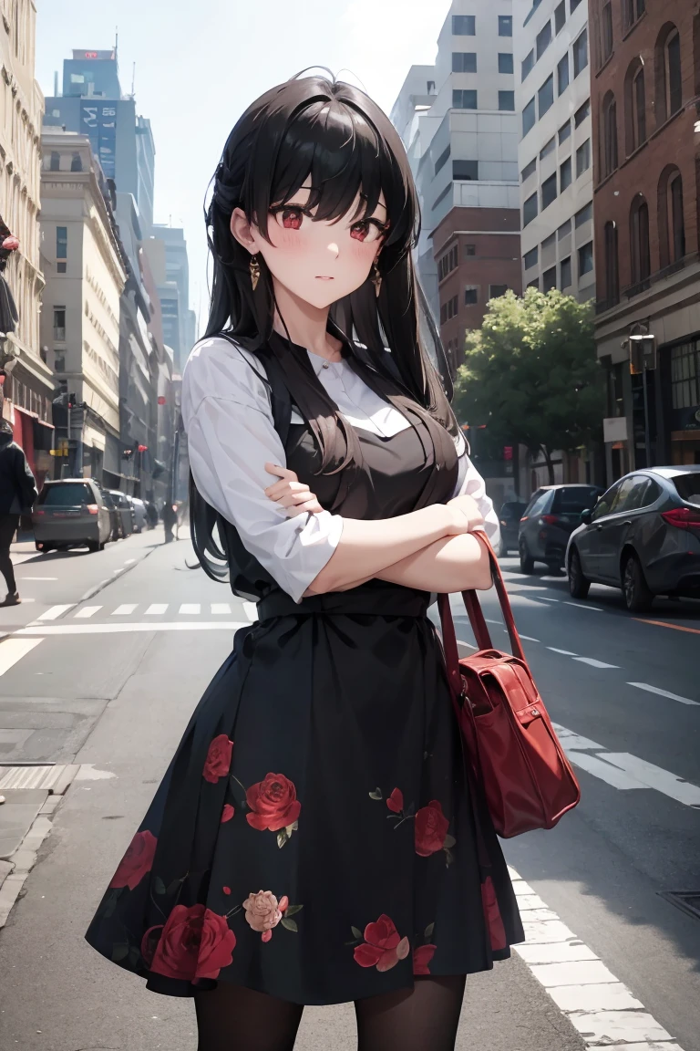 27 years old girl, long black hair, ted eyes, flower pattern dress,pantyhose, white heel, embarrassed, blushing, shy pose, in the city.