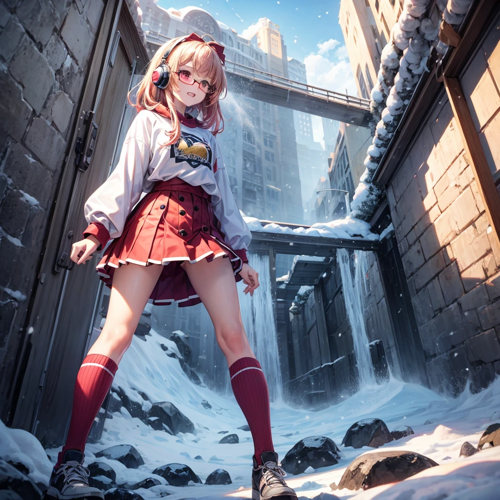 Pink gold golden hair、Red eyes、One good looking girl、solo、anime、Checkered mini skirt、The skirt has buttons、Red T-shirt、Long sleeve、China、Black knee-high socks、Wearing headphones、Wearing a ribbon、Ribbon on waist、Tilting face、Teeth are visible、tunnel、Sunset sky、The rocks are exploding、Penguins are walking、Snow is piled up、Rocky Mountain、The clouds are breaking through、Contrail、Medusa、Glasses、Cube