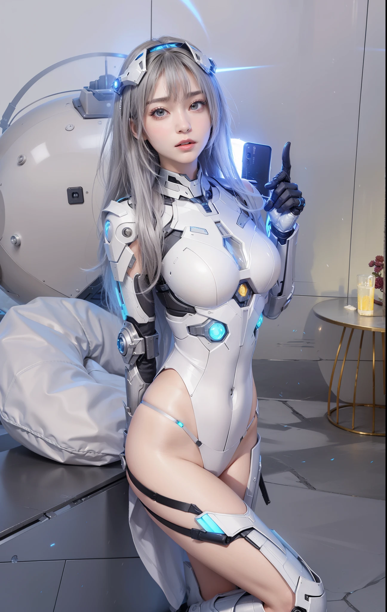 Futuristic high-tech style，best quality,Fairy Skin,eternal,Ultra Detailed,Practical,high quality,Light,Light线追踪,Ultra HD,upper body, Future Iron Man Mech，shooting，Battery，Transmitter，Large caliber artillery，Rostlan 8K，Armored Girl,Wearing a cyberpunk technology helmet，Warframe Helmet，With breathing Light，The armor of the future shines，Armed Cannon，High-tech armor，Mechanical body，High-tech mechanical armor，Lift one leg