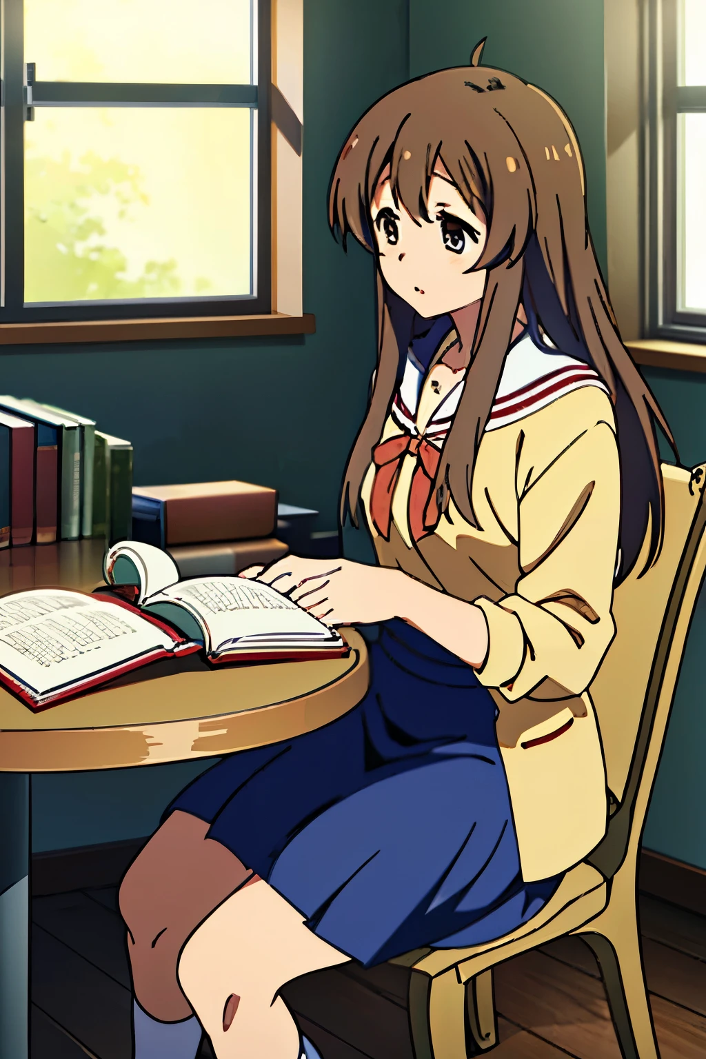 masterpiece, best quality, hight resolution, (miyazawa yukine), indoor, sitting on a chair and read a book, student uniform,