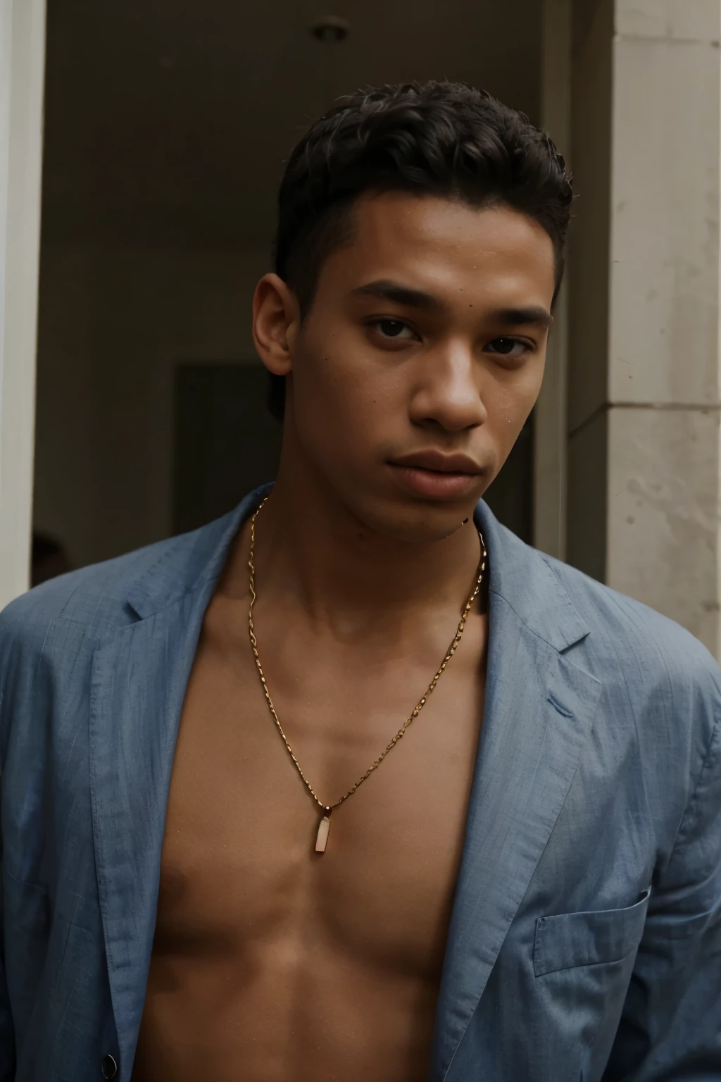 il y a un homme avec un collier au cou et un collier au cou, photo dans le style de Tyler Mitchell, l'homme a la peau noire, peau brune, adolescent noir, album d'art, portrait en couleur, dark skin, portrait gros plan d'un gars, portrait de haute qualité, Brown-skinned man with a giant smile, Riyahd Cassiem