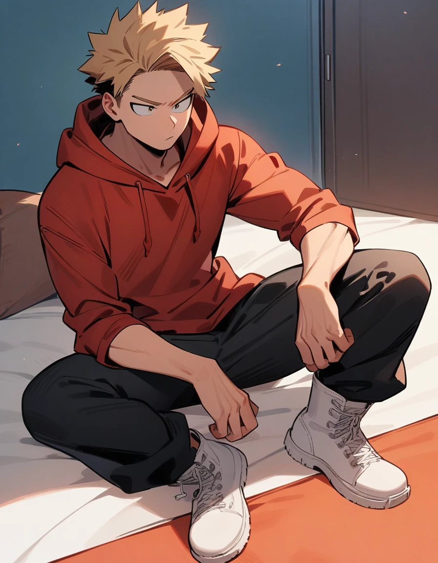 One boy, male focus, brown and blond hair, boku no hero academia, masterpiece, best quality, very aesthetic, red hoodie, black jeans, white boots, full body illustration, watching TV.