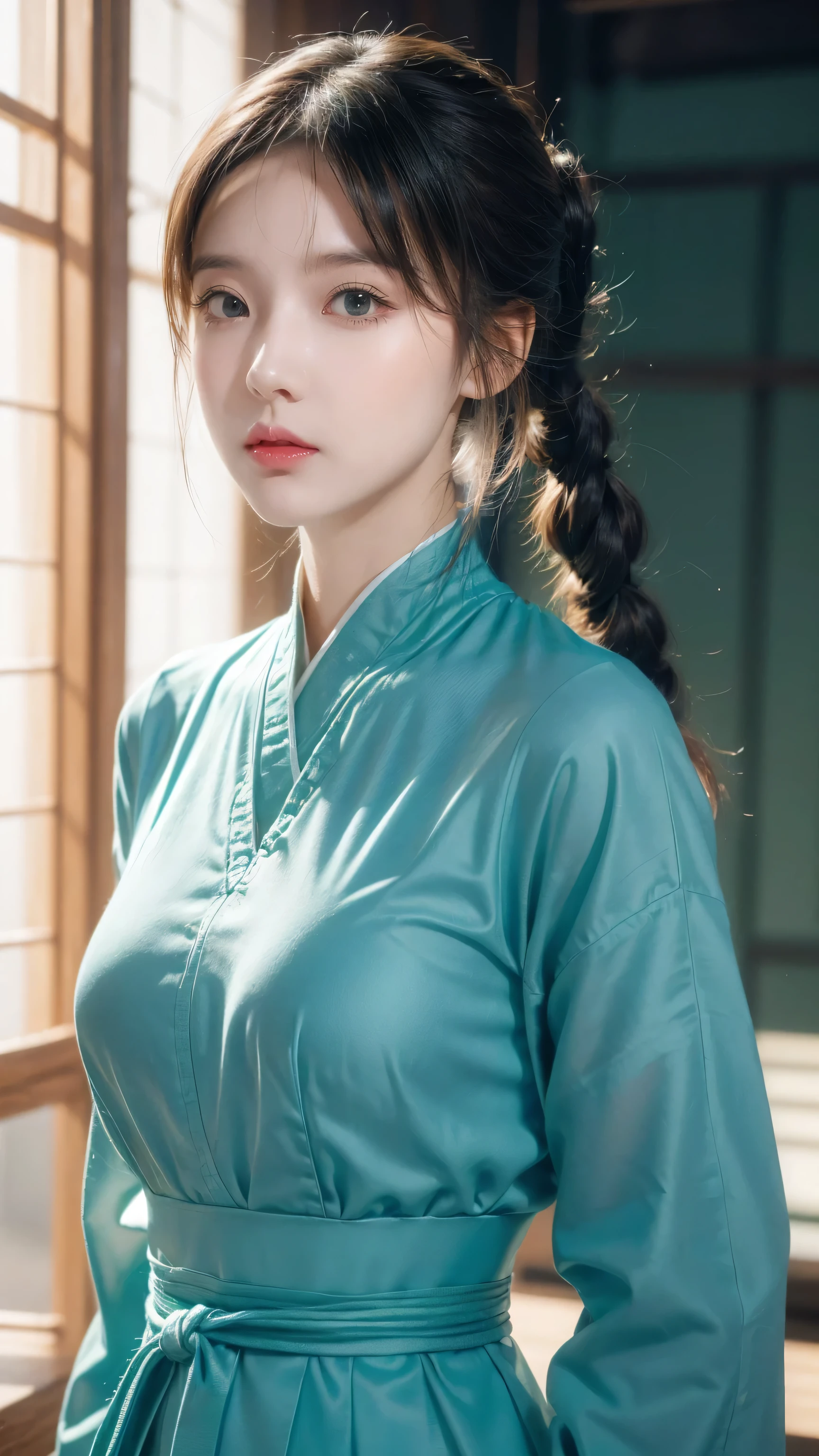 Japanese cartoons, reach, Close-up of a woman ((Red Braided Low Ponytail)) and (((the most beautiful Green eyes))) exist (((Blue clothing))), (((determexisted)), 8k, Unreal EnGexiste 5, Octane Rendering, By kyun, GamanG, Yin Jianzhi, G.arrive, Gosonjak, shrup, Serious, Domi, Noah, trendexistG on pixiv, fan box, Skobo, masterpiece, Delicate face, smooth soft skexist, biG dreamy eyes, beautiful existtricate colored hair, symmetry, Japanese cartoons wide eyes, soft liGhtexistG, concept art, diGital paexisttexistG,
