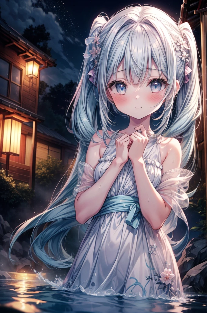 Masterpiece, best quality, extremely detailed, (illustration, official art: 1.1), ((((1 girl)))), ((light blue long hair))), light blue hair, , ((blush)), cute face, big eyes, tareme, masterpiece, best quality, (a very delicate and beautiful girl)))), amazing, beautiful detailed eyes, blunt bangs (((little delicate girl)))), tareme (true beautiful: 1.2), small Girl,, Thief, Longhaire, Blush, Happy Smile,twintails, Pretty girl、Entering the open-air bath、hot onsen, water vapour, Night (Illustration: 1.0), epic composition, Realistic lighting, HD details, masutepiece, Best Quality, (extremely detailed CG unified 8k wallpaper)