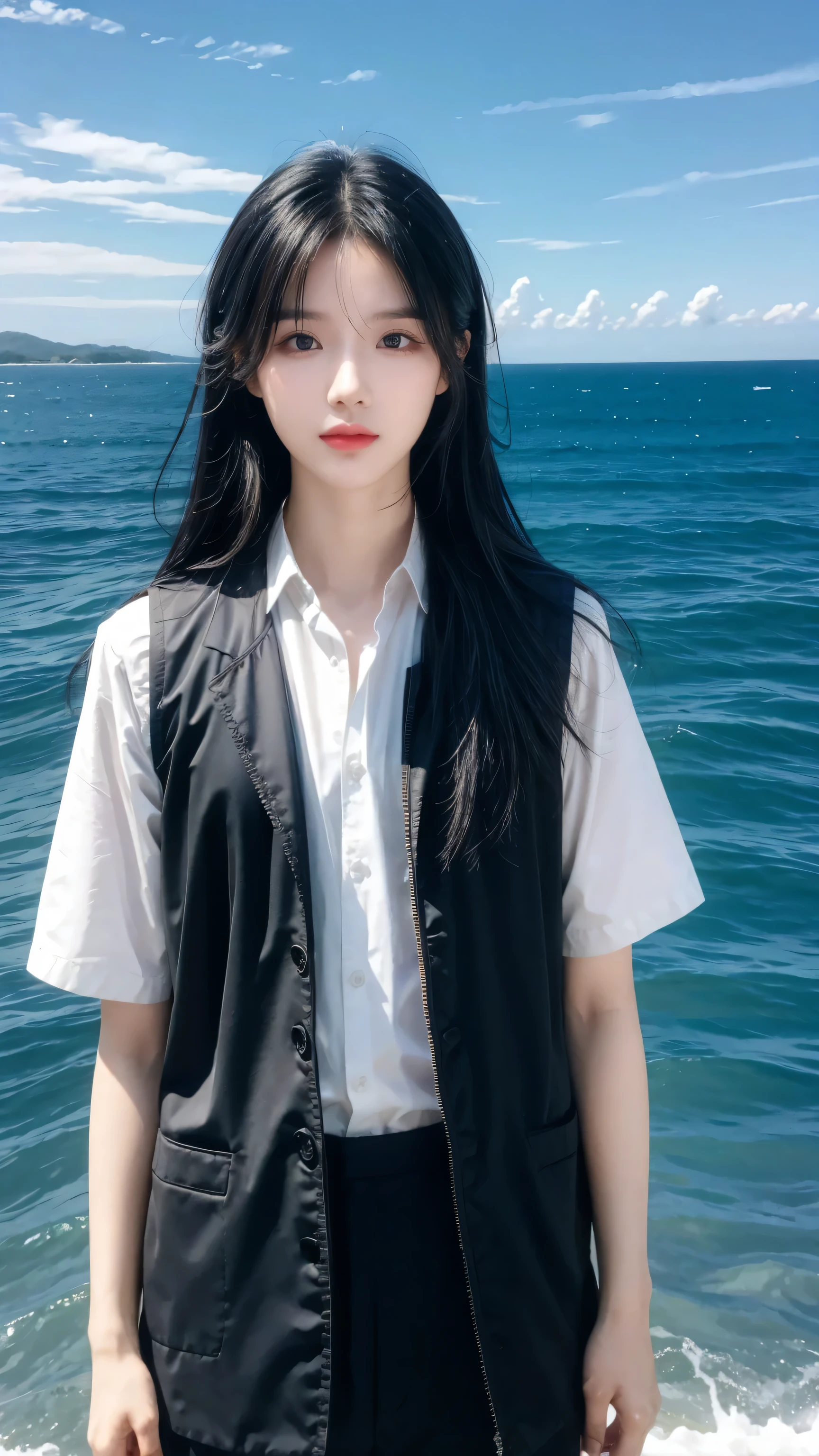 a young man with long Black Hair and a vest on standing in front of the ocean with a blue Sky, (1 Girl:0.955), (Bangs:0.575), (black eyes:0.572), (Black Hair:0.709), (blue Sky:0.985), (Shut up:0.536), (cloud:0.927), (sky:0.980), (horizon:0.816), (Japanese clothes:0.511), (Lips:0.7), (Long hair:0.775), (Looking at the audience:0.811), (nose:0.534), (ocean:0.950), (outdoor:0.734), (Practical:0.814), (Sky:0.988), (Solitary:0.937), (Upper Body:0.557), (water:0.600)
