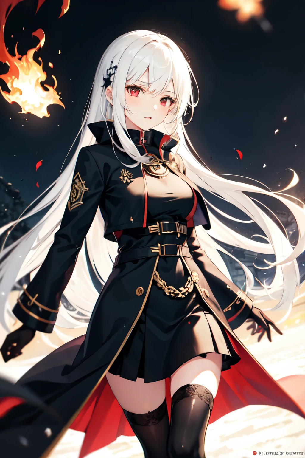 1 Girl, Western dress, Straight long hair ,white hair, Red eyes, Magic Circle, Blue flame, wallpaper, landscape, splatter, Depth of Field, night, Light Particles, light, Side Light, thigh, destiny \(series\),Black jacket, skirt,vampire,High and cold,Over-the-knee black stockings,24 years old black robe