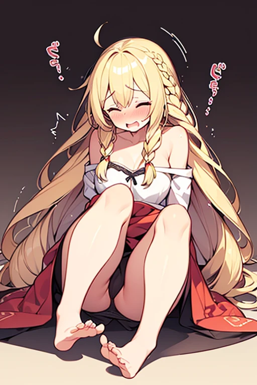 (1 woman,Blonde、Long Hair、Braided hair、Wavy Hair、Being lazy),(sexual ecstasy face) ,embarrassed,blush,closed eyes,Full Body Shot