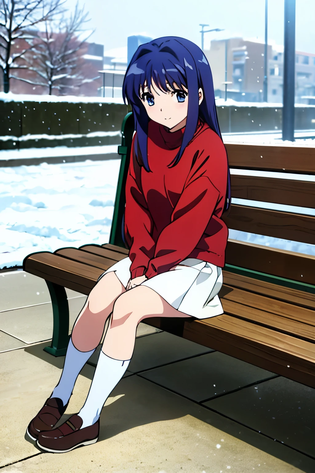 masterpiece, best quality, (minase nayuki), outdoor, It's snowing, she sit on a bench, she waits for someone, She wore a red sweater,