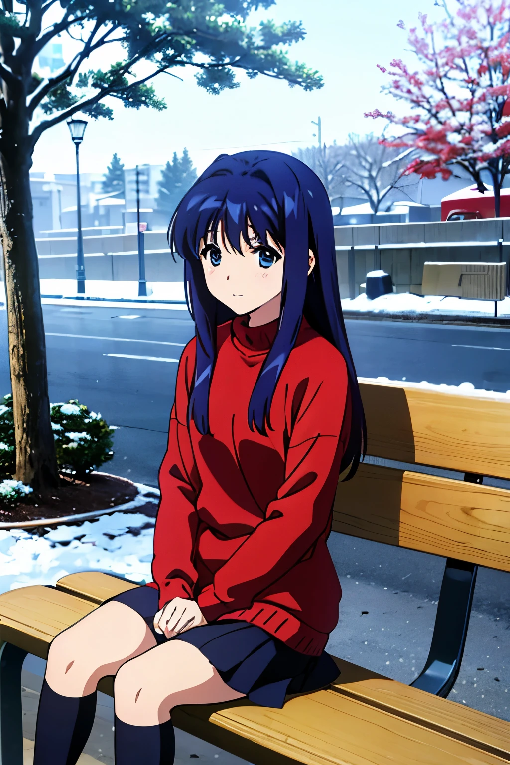 masterpiece, best quality, (minase nayuki), outdoor, It's snowing, she sit on a bench, she waits for someone, She wore a red sweater,