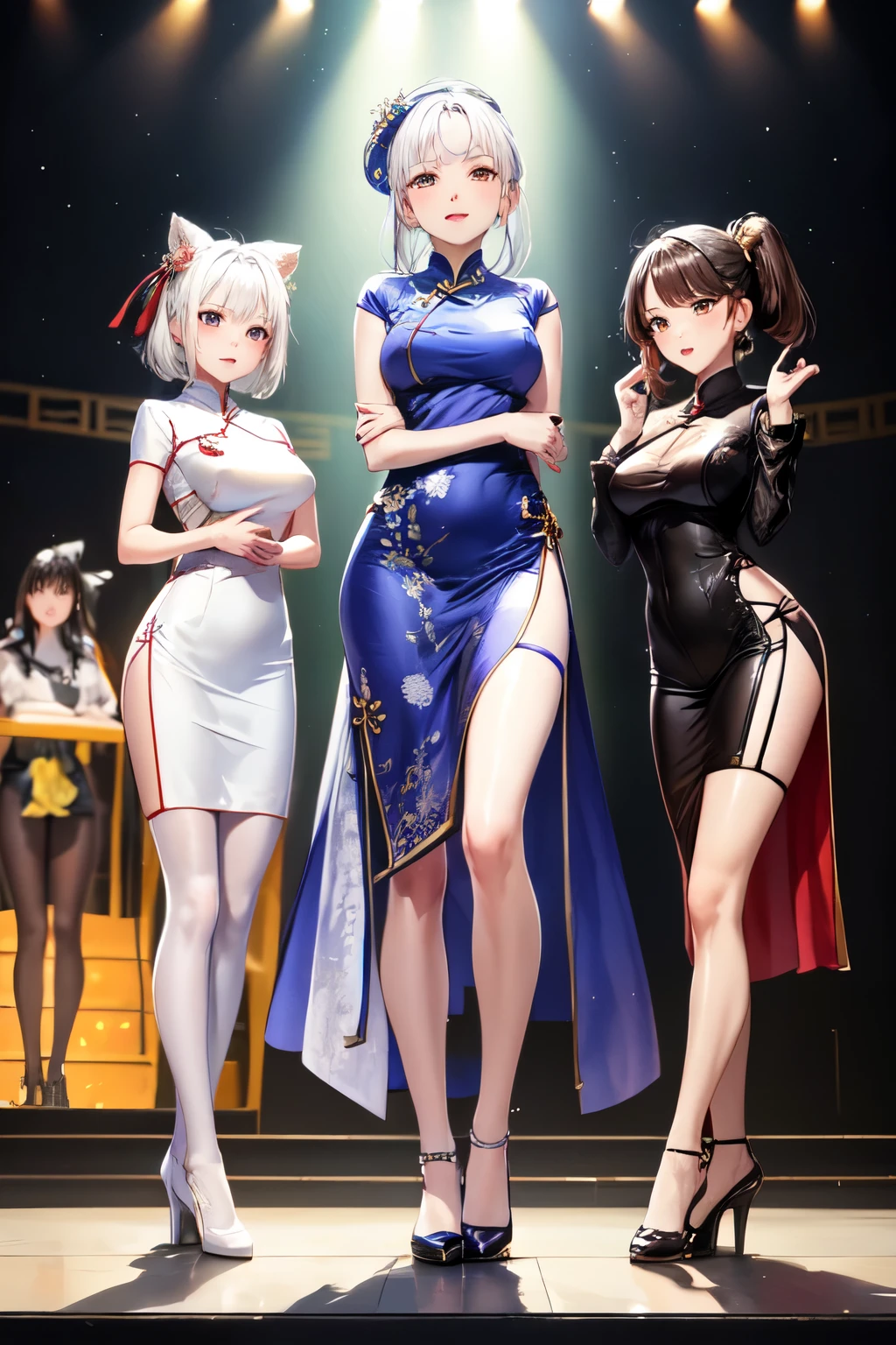 4 beauties(1 royal sister(Light black long skirt),One Twin Ponytail (Orange hair,JK clothing,White stockings),onebeauty(blacklong hair,Antique cheongsam,Perfect face),one(White hair,JK clothing,black,Perfect face),Standing on the stage together