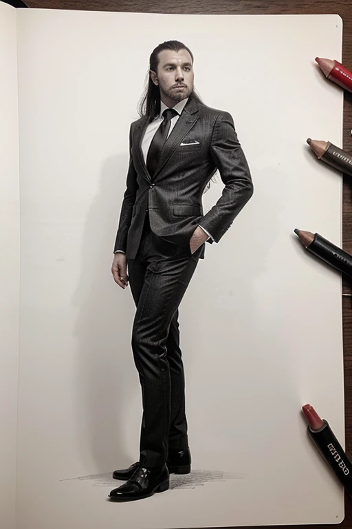 full body, black and white, drawing of ares, the greek god of war, in full formal clothing, with suit and red tie, looking in front, both hands in back, long slick back hair