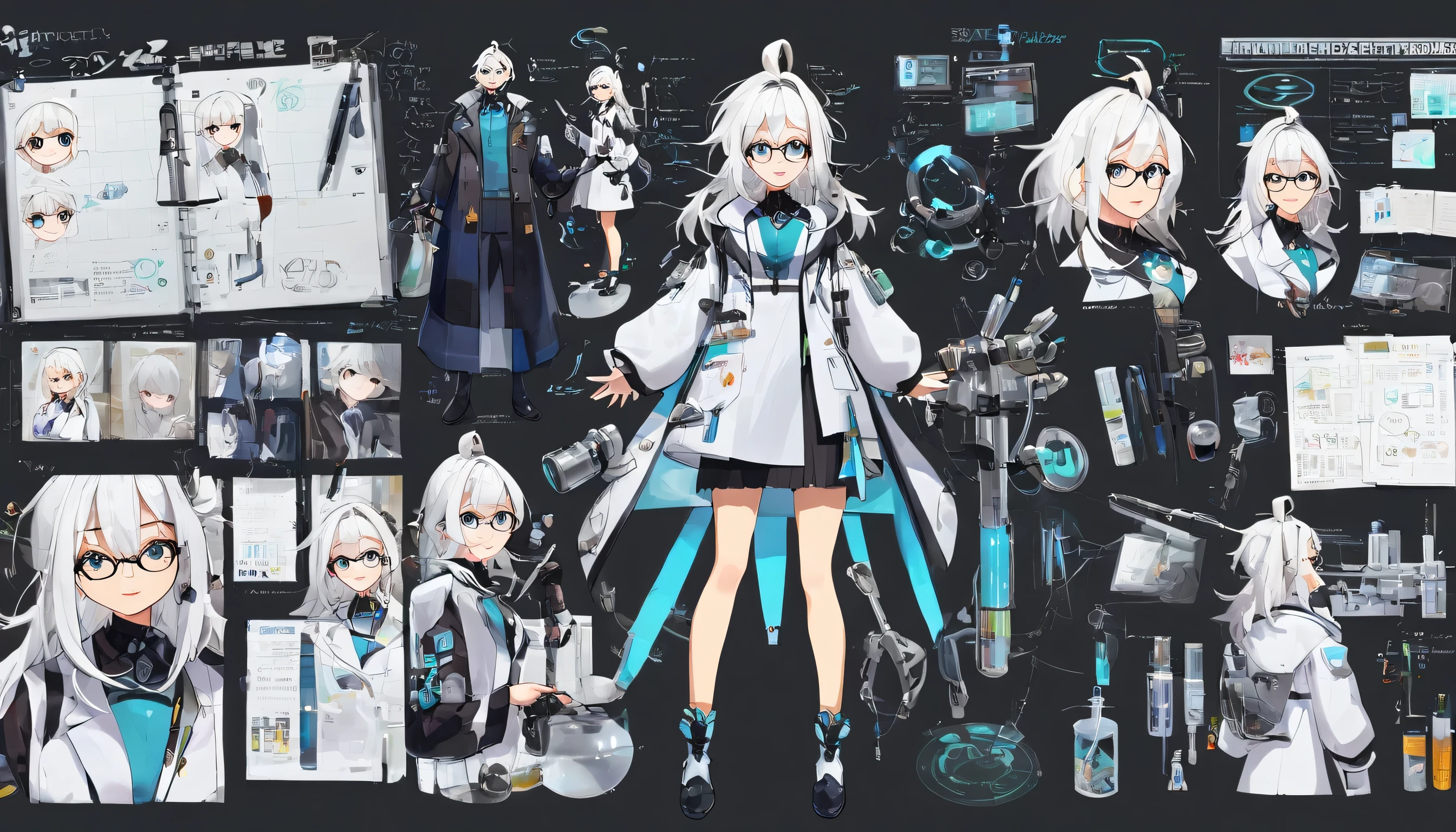 (masterpiece, highest quality), detailed, 1 Girl, ((Character Concept Art)), ((Character design sheet, same characters, front, ~ side, return)), Scientist　Cybertick　White Hair　whole body　Bad guy　girl