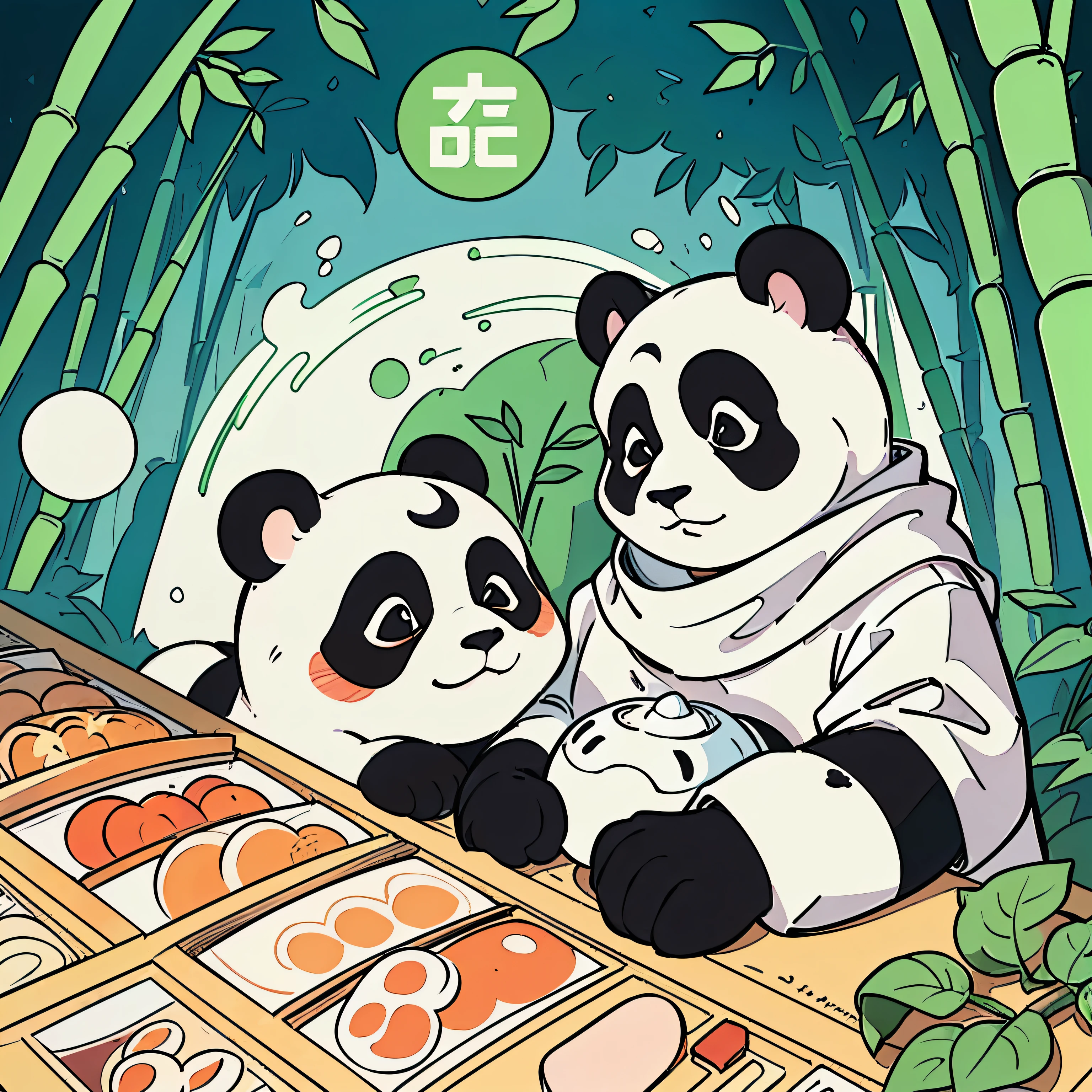 Masterpiece, coloring-book, line art, perfect line art, comic style, panda village, many pandas in bamboo-forest