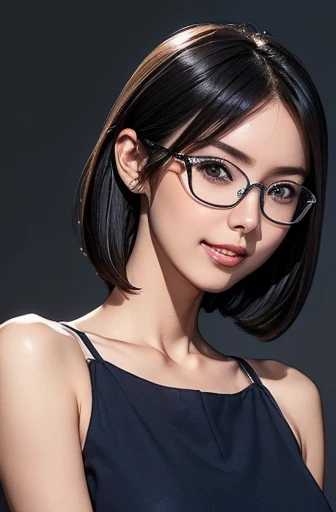 (masterpiece), (8k, best quality, high resolution), (ultra-detailed, realistic), (anatomically correct),  
((Portrait)), (Standing), (looking back), (No background),
(1woman),  (looking at viewer), 
(A Japanese woman, 30 years old and 155cm tall.), 
(black hair), (straight hair), (short hair style), (bob cut), (hair behind ears), 
(wear glasses), ((black cell frame glasses)), 
((Wear a navy blue sleeveless dress)), ((Mini length dress with a simple design and minimal decoration)), 
(Wear navy blue ankle strap pumps), 
(Create a detailed image of the eye), 
(Her impression is pure, clean and kind.), 
((A captivating smile, just showing a few teeth.)), 　 
