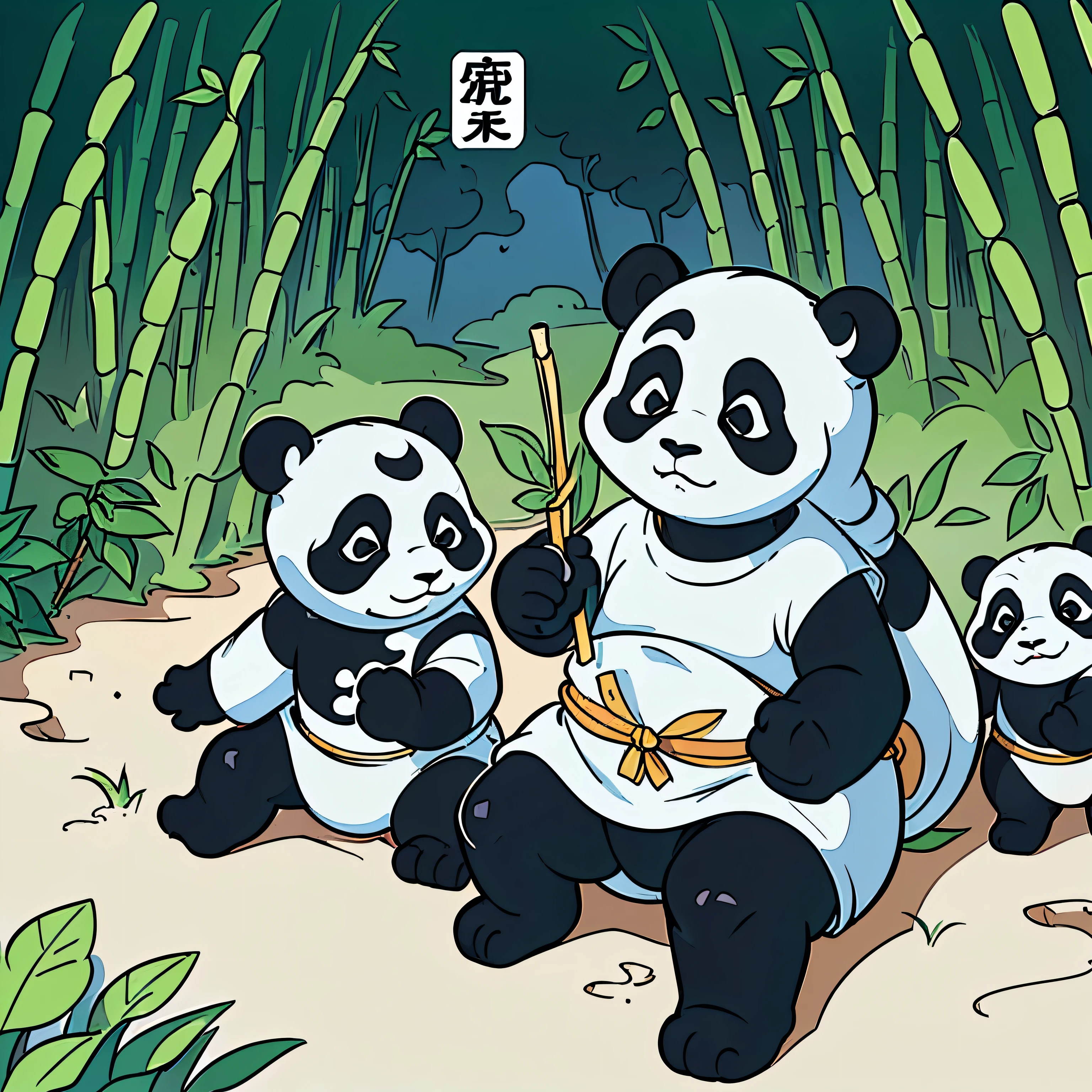 Masterpiece, coloring-book, line art, perfect line art, comic style, panda village, many pandas in bamboo-forest