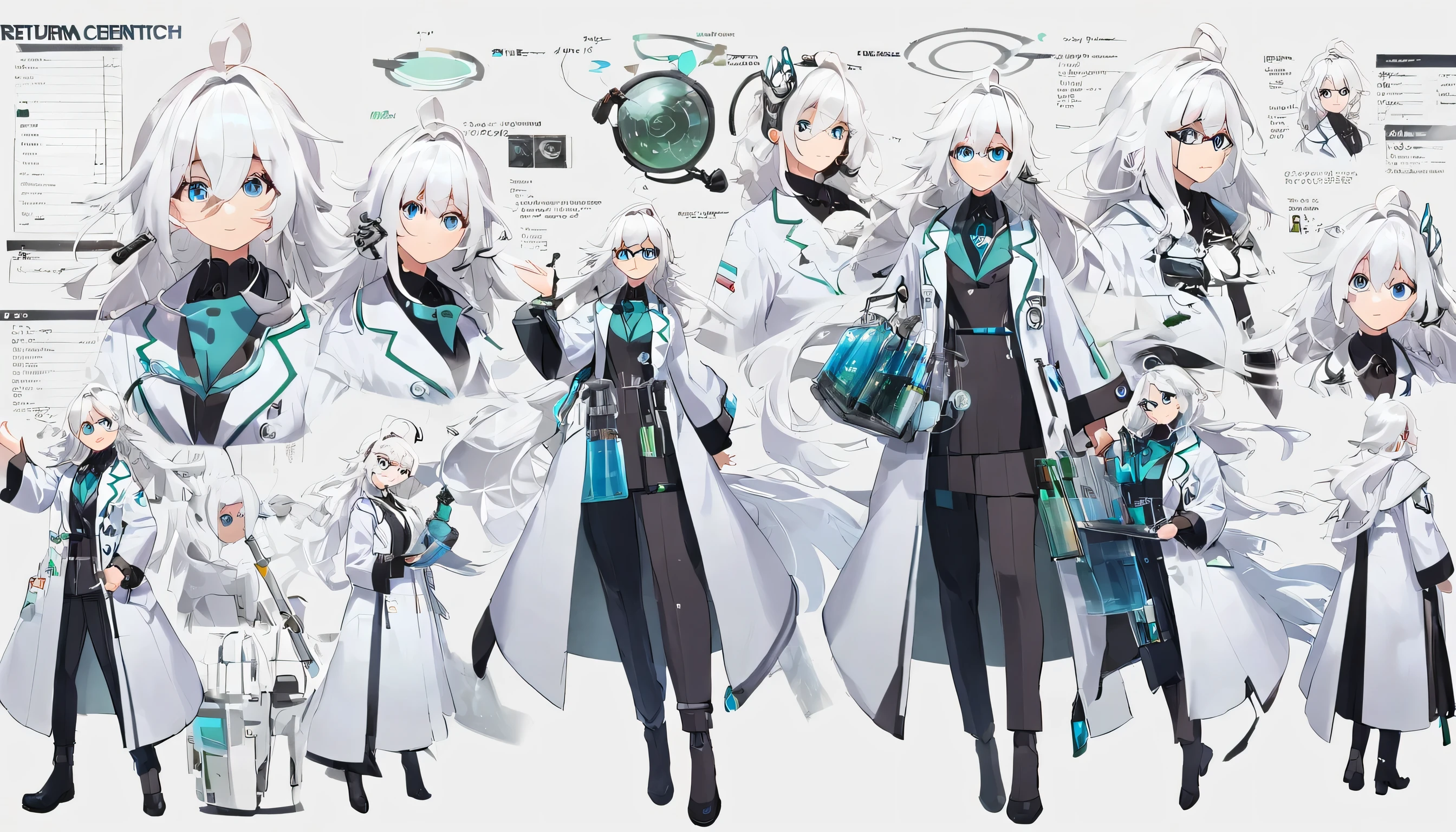 (masterpiece, highest quality), detailed, 1 Girl, ((Character Concept Art)), ((Character design sheet, same characters, front, ~ side, return)), Scientist　Cybertick　White Hair　whole body　Bad guy　girl