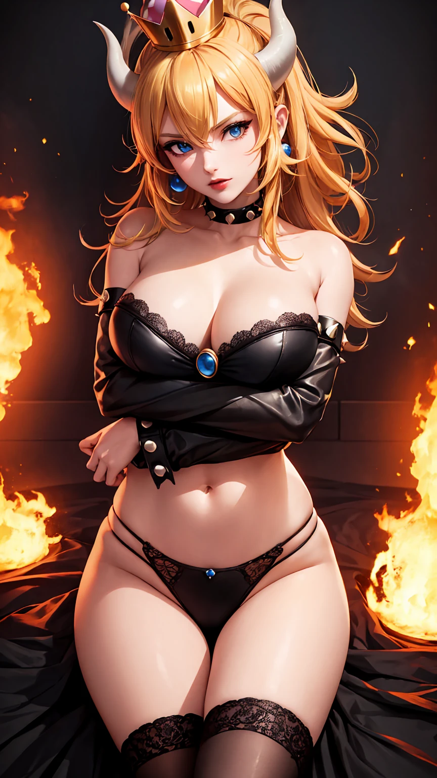 ((high detailed, best quality, 4k, masterpiece, hd:1.3)), ((best quality)), (((HD))), (((8k))), (ultraDH), (ultra HD), Princess Daisy, blue eyes, BREAK blue eyes, seductive, attractive, smooth anime cg art, 36C breasts, long legs, vivid colors, detailed digital art, slim body, perfect skin, dark blonde hair, long hair, blonde hair, blonde hair, BREAK crown, cleavage, 36C cleavage, looking at viewer, BREAK looking at viewer, extremely detailed face, red santa suit, red santa claus suit, santa claus suit, earrings, gem, dark black makeup lips, dark gothic eyeshadows, dark eyeshadows, black eyeshadows, black sexy lips, black lips, (dark:1.2), dark lips, very dark lips, (perfect hands, perfect anatomy), black makeup, black medium lips, black thick lips, detailed fingers, five fingers per hand, 5 fingers, (1 girl), detailed lips, detailed black lips, black painted lips, gothic painted lips, BREAK night, night sky, (breast focus), (arms outstreched:1.2), (from above:1.1), (breasts out:1.3), (off shoulder:1.1), (white horns), (bra), inside a lava castle, she inside a sea of lava, she bathing in lava,