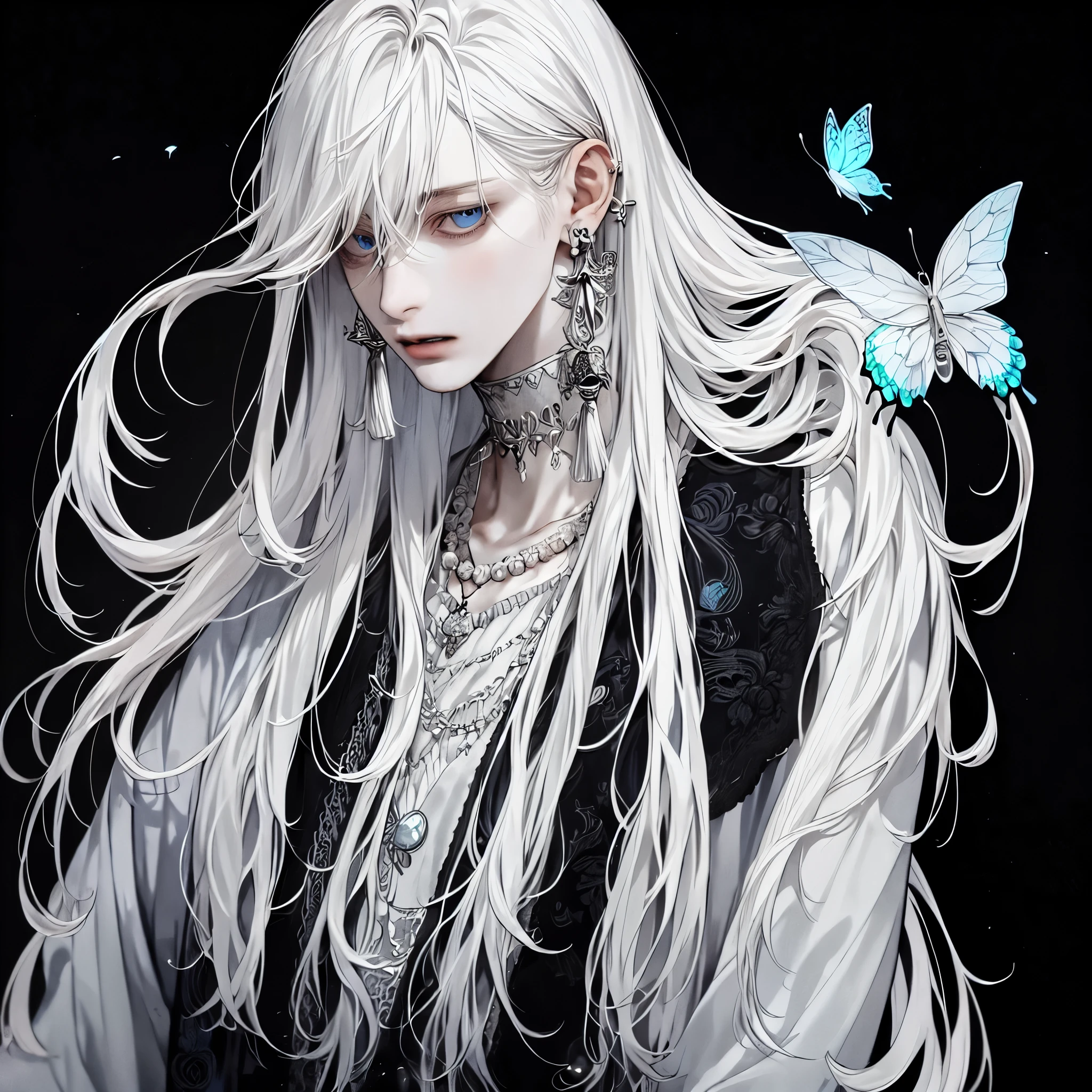 masterpiece, Male focus, 1 boy, solitary, white hair, tassel earrings, tassel, jewelry, earrings, open mouth, black background, blue eyes, Long hair, Vulnerabilities, Butterfly, Upper Body, Hair between the eyes, Colorful hair，Pearlescent rose，individual，Eyes depicted in great detail