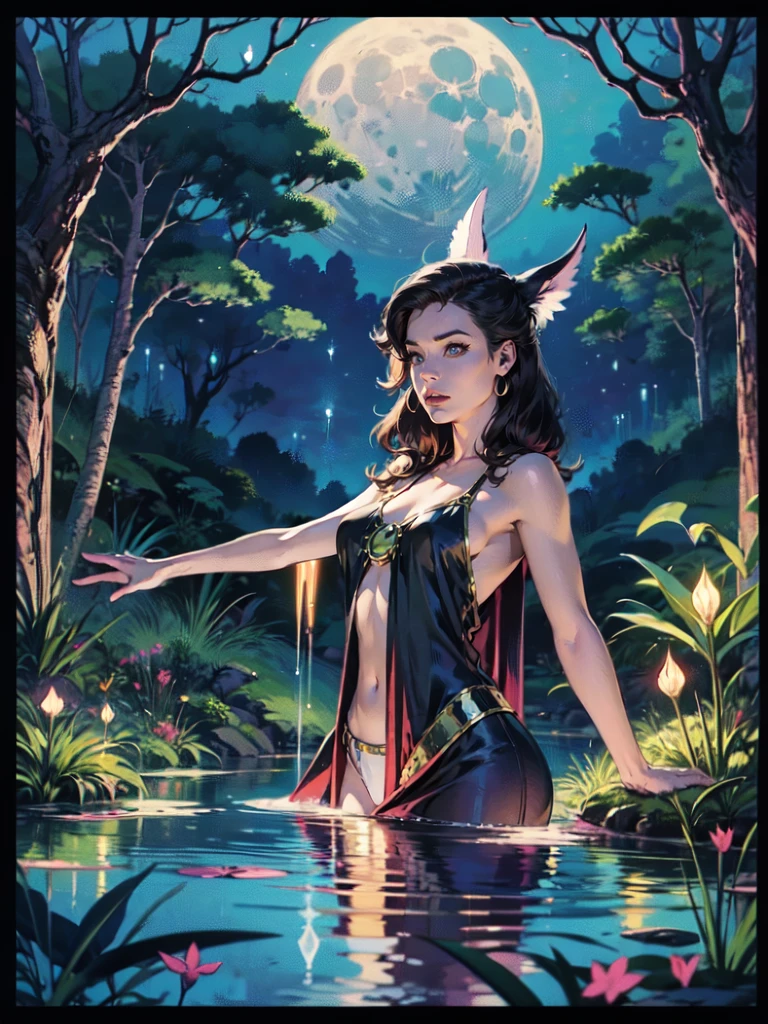 "Moonlit priestess, tropical oasis, magical pond, nocturnal mysteries, ethereal enchantment"