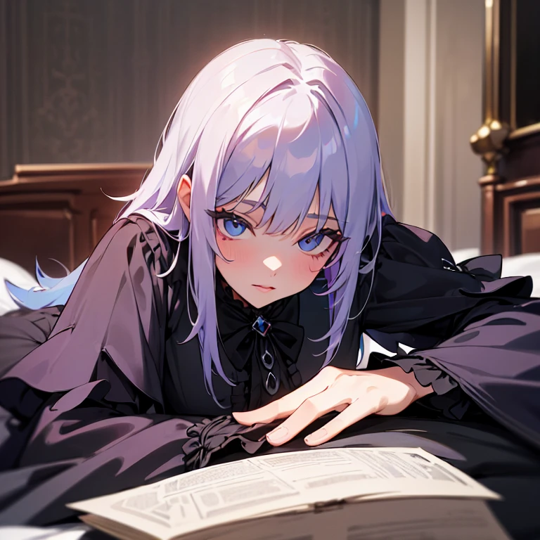 ((best quality)), ((Meisterwerk)), (detailed), Perfektes Gesicht, Stellen Sie sich eine junge Gothic-Frau mit dunkelvioletten Haaren vor, die dramatisch gestylt sind..., flowing style, Her lips had a strong, tiefen Burgunderton.. Sie liegt in Dessous auf ihrem Bett in einem im gotischen Stil eingerichteten Zimmer.