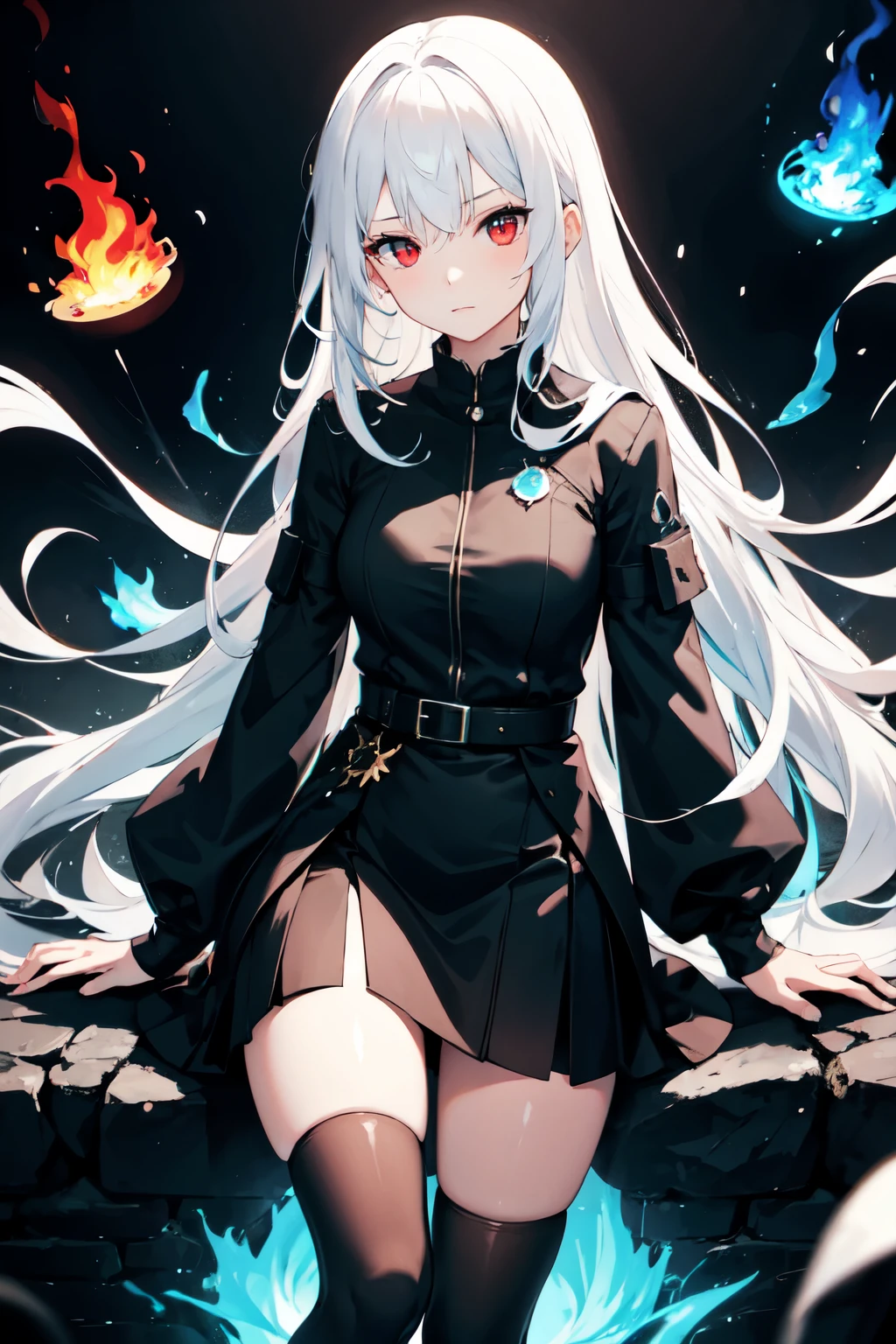 1 Girl, Western dress, Straight long hair ,white hair, Red eyes, Magic Circle, Blue flame, Blue flame, wallpaper, landscape, splatter, Depth of Field, night, Light Particles, light, Side Light, thigh, destiny \(series\),Black jacket, skirt,vampire,High and cold,Over-the-knee black stockings