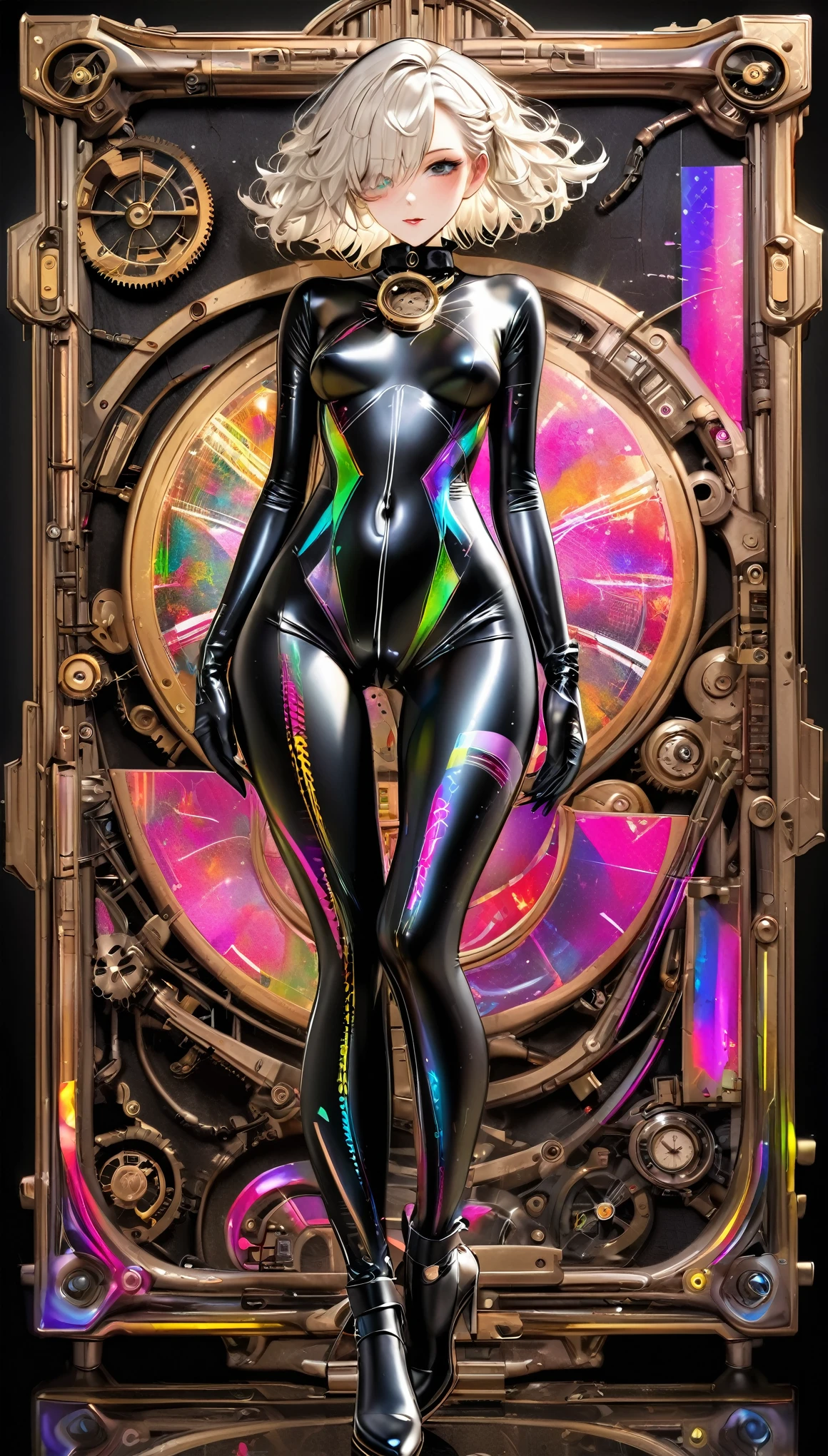 best quality, super fine, 16k, incredibly absurdres, extremely detailed, beautiful woman, captivating look, aroused expression, ivory messy hair, wearing shiny seamless black latex rubber full body suit, body paint with geometric and unusual diagrams painted in iridescent neon colors all over the face and body, superlative body proportion, picture frame and background that mixes and fuses steampunk, dieselpunk, and clockpunk