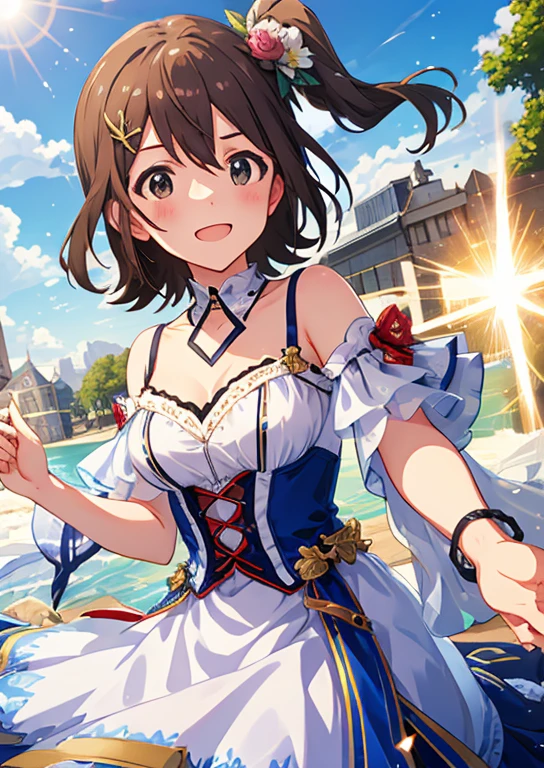 Mirai Kasuga, (highest quality, 8k, masterpiece, Very detailed:1.2), (Lens flare, Particles of light, Shine), Big Breasts, smile, Open your mouth, masterpiece, highest quality, Very detailed, High resolution, Very detailedなCG, (Official Art), Off the shoulder, negligee, (Embarrassing:1.1), (blush:1.2), Open your mouth, (shout:1.1), (Moving lines:1.1), blue sky