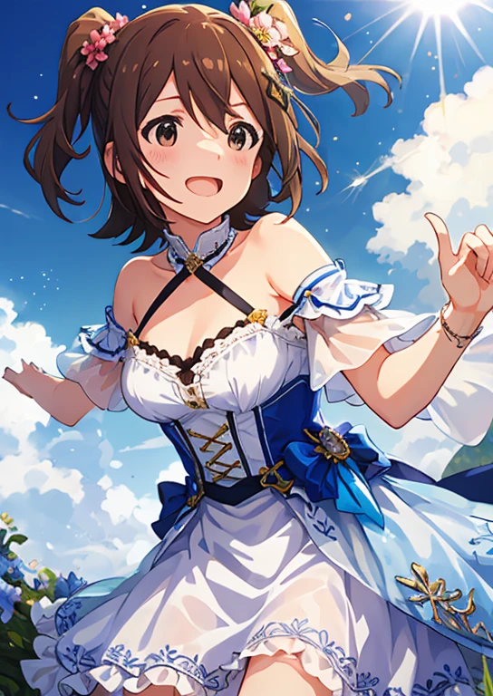 Mirai Kasuga, (highest quality, 8k, masterpiece, Very detailed:1.2), (Lens flare, Particles of light, Shine), Big Breasts, smile, Open your mouth, masterpiece, highest quality, Very detailed, High resolution, Very detailedなCG, (Official Art), Off the shoulder, negligee, (Embarrassing:1.1), (blush:1.2), Open your mouth, (shout:1.1), (Moving lines:1.1),  blue sky