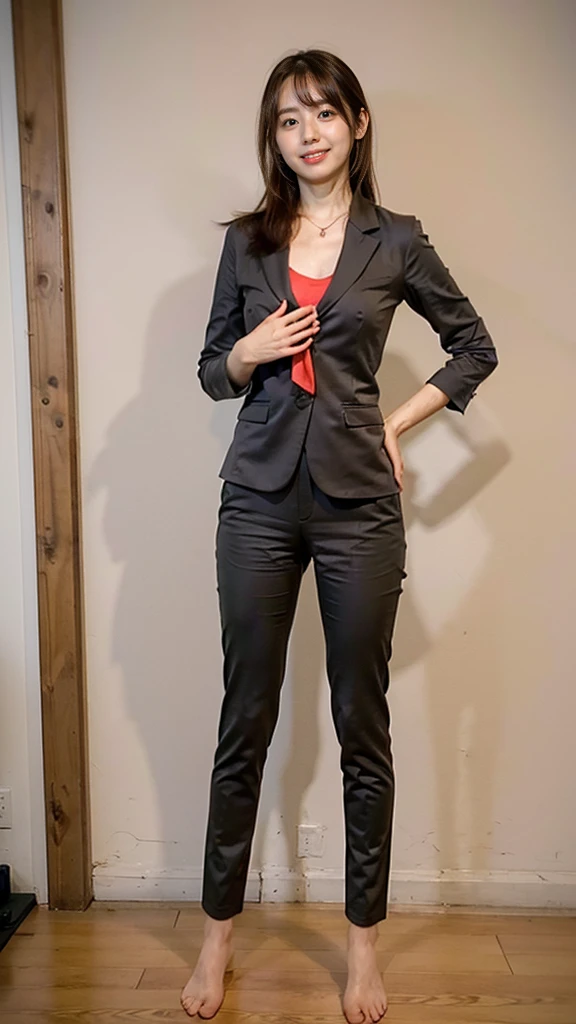 (8k、RAW Photos、highest quality、masterpiece:1.2)、(Realistic、Realistic)、1 girl、((large size black suit、red tie、rub my chest、pants suit、sexy suit、hutanari、Leg spread、Bow-legged、Touching as if groping the breasts、Wide Stride、Leg spread、smile、sexy、I can see your chest、View from the front、Stand with hands on hips、In the city))、