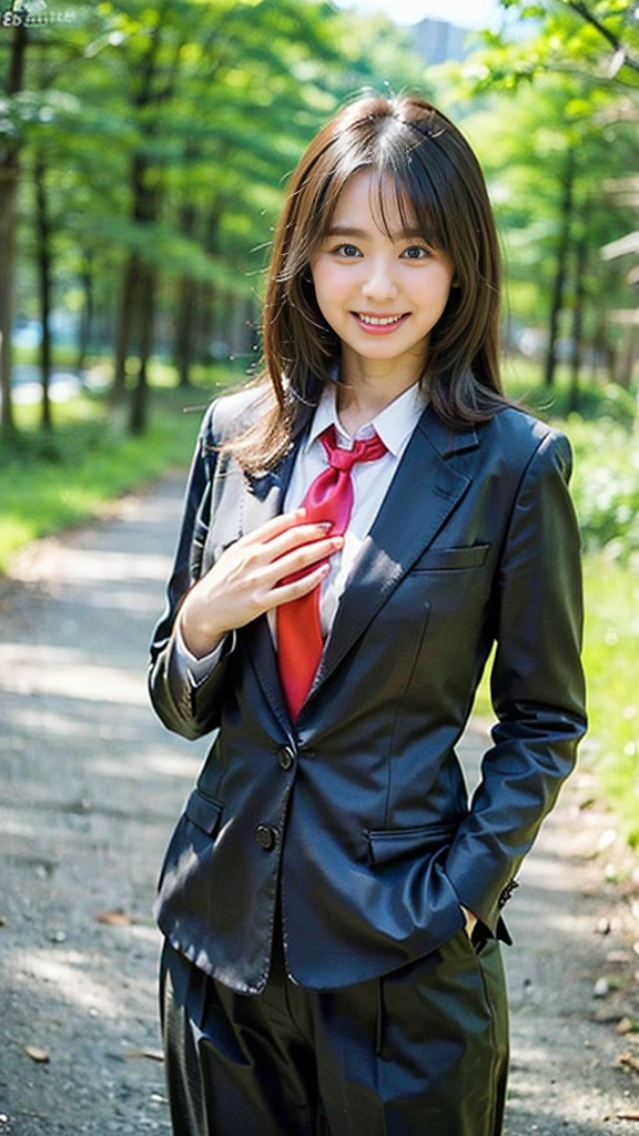 (8k、RAW Photos、highest quality、masterpiece:1.2)、(Realistic、Realistic)、1 girl、((large size black suit、red tie、rub my chest、pants suit、y suit、hutanari、Leg spread、Bow-legged、Touching as if groping the brede Stride、Leg spread、smile、sexy、I cane your chest、View from the front、Stand with hands on hips、In the city))、